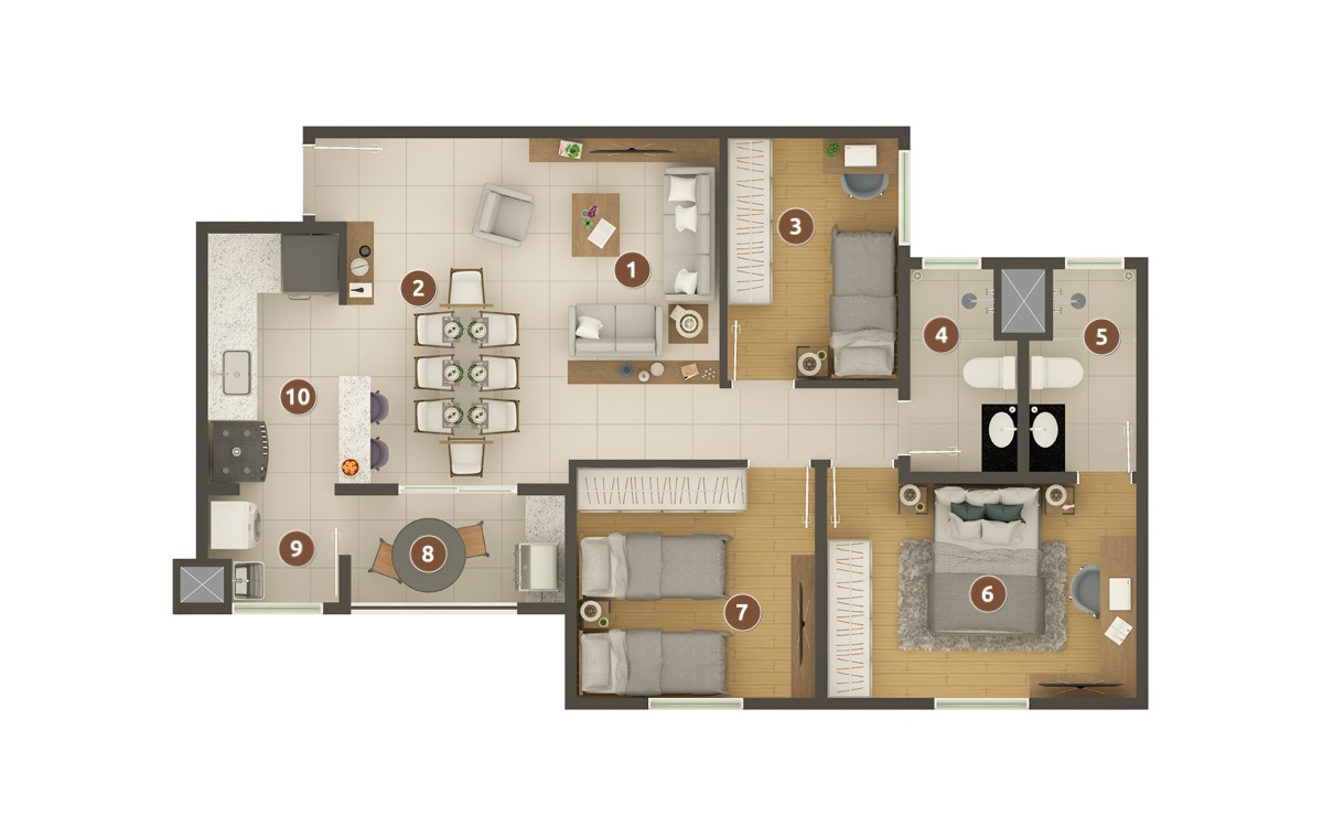 Planta de 74,06m² de três dormitórios